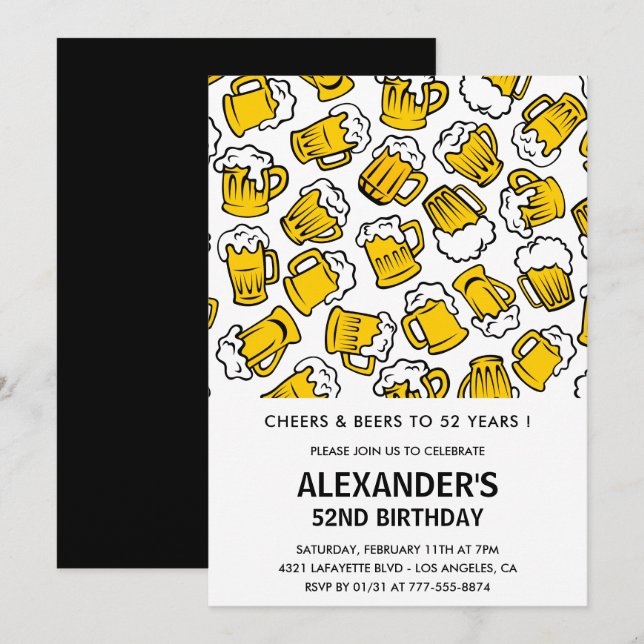 Invitación Hombres Adultos Saludos y Cervezas 52 años (Anverso / Reverso)