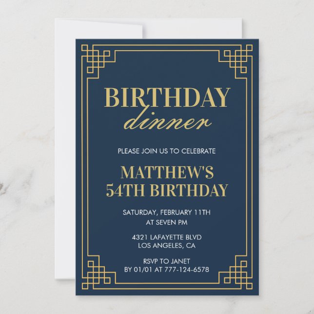 Invitación Hombres Cena de cumpleaños azul marino Cumpleaños  (Anverso)