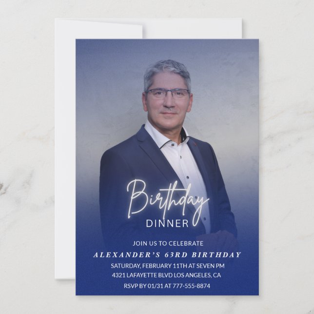 Invitación Hombres Cena Foto Navy azul cumpleaños 63 (Anverso)