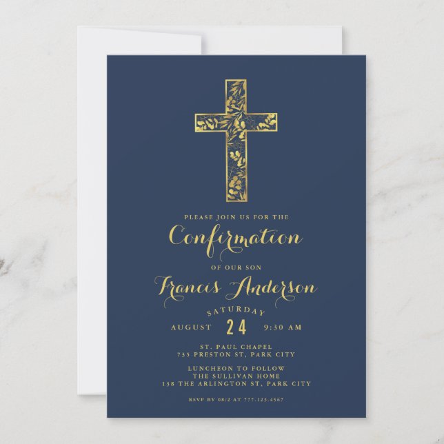Invitación Hombres cruces de oro azules de confirmación (Anverso)