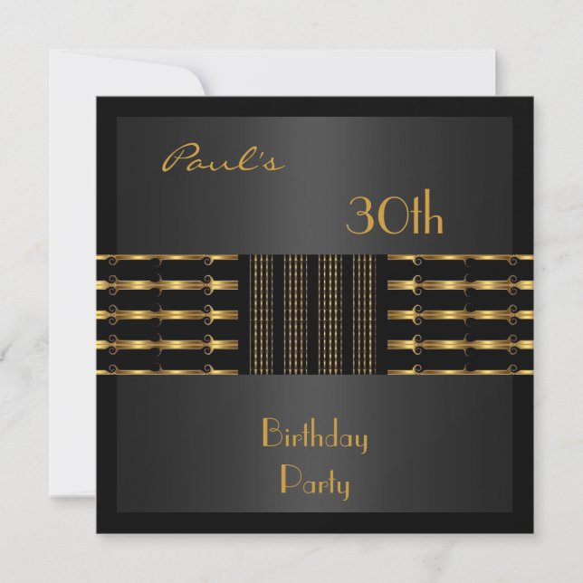 Invitación Hombres Cumpleaños 30 Fiesta Negro Oro (Anverso)