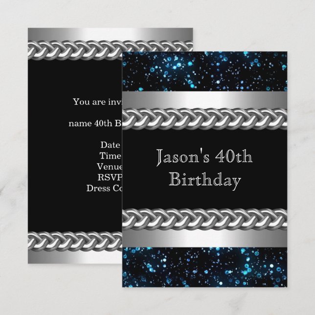 Invitación Hombres Cumpleaños Party Blue Chrome Metalizado im (Anverso / Reverso)
