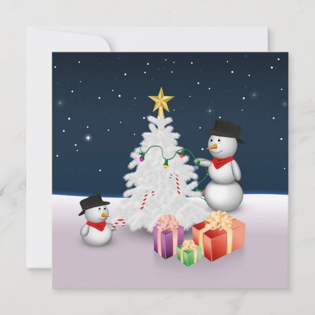 Invitación Hombres de nieve con árbol de Navidad (Anverso)