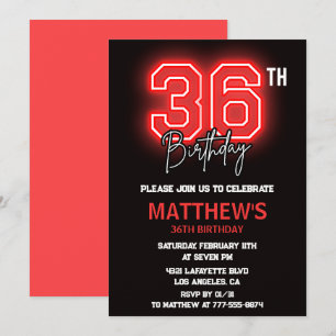 Invitación Hombres Deporte Rojo Negro Neón Cumpleaños 36