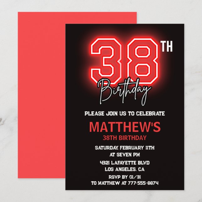 Invitación Hombres Deporte Rojo Negro Neón Cumpleaños 38 (Anverso / Reverso)
