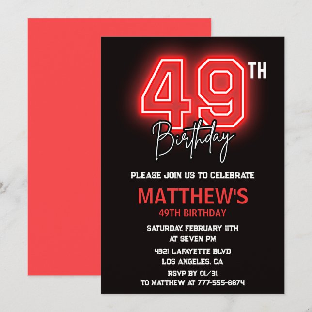 Invitación Hombres Deporte Rojo Negro Neón Cumpleaños 49 (Anverso / Reverso)