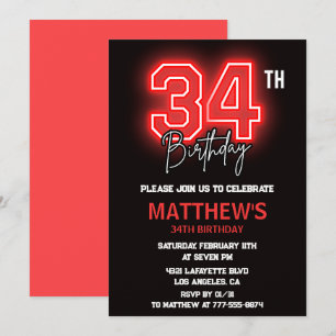 Invitación Hombres deportivos neon negro rojo Cumpleaños 34