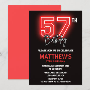 Invitación Hombres deportivos neon negro rojo cumpleaños 57