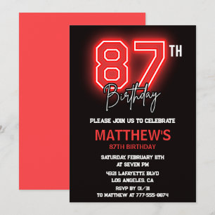 Invitación Hombres deportivos neon negro rojo cumpleaños 87