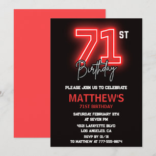 Invitación Hombres deportivos rojo negro neón cumpleaños 71