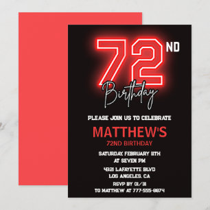 Invitación Hombres deportivos rojo neón negro cumpleaños 72