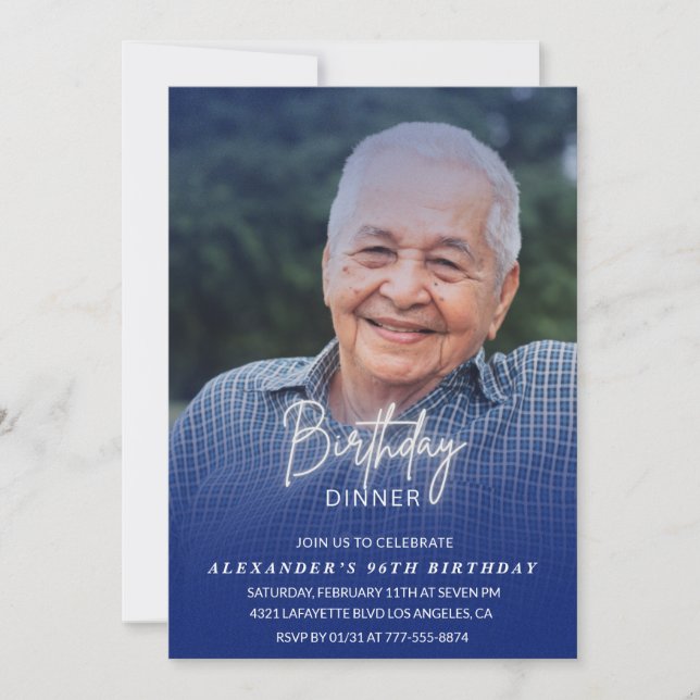 Invitación Hombres Dinner Foto Navy azul 96 cumpleaños (Anverso)