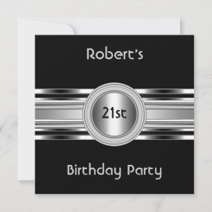 Invitación Hombres Elegantes Cumpleaños 21 Fiesta Negro Plata