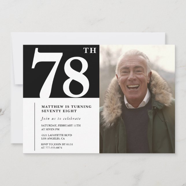 Invitación Hombres en blanco y negro cumpleaños 78 (Anverso)
