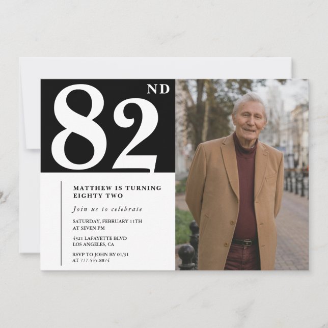 Invitación Hombres en blanco y negro cumpleaños 82 (Anverso)