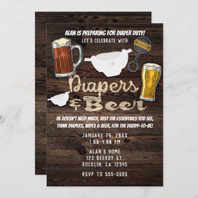 Invitación Hombres, Fiestas de cerveza y pañales, papi para s (Anverso / Reverso)