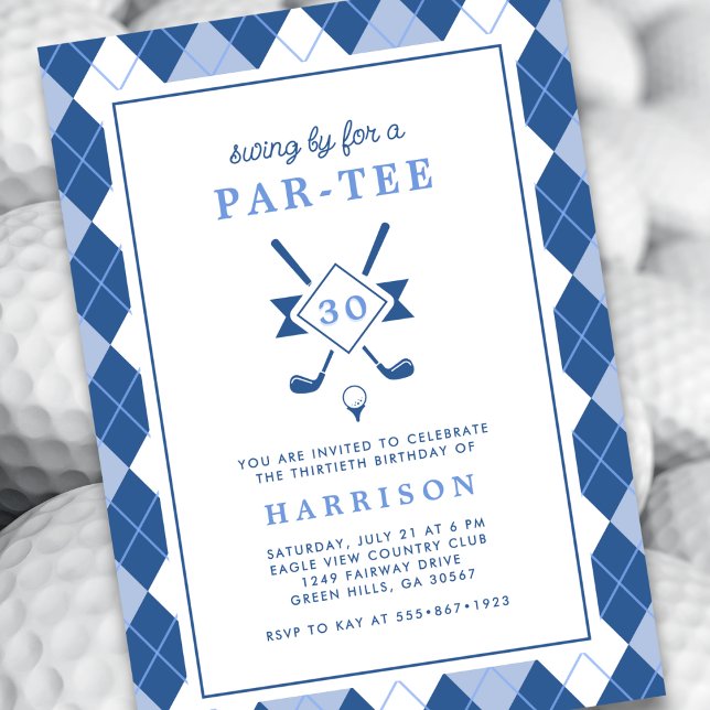 Invitación Hombres Modernos 30 cumpleaños Golf Azul Argyle (Subido por el creador)