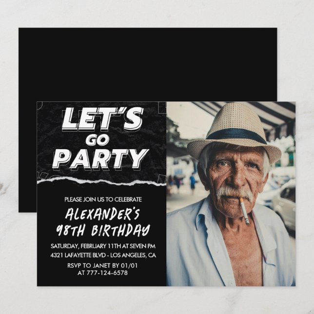Invitación Hombres Negros Foto LET'S GO FIESTA 98º cumpleaños (Anverso / Reverso)