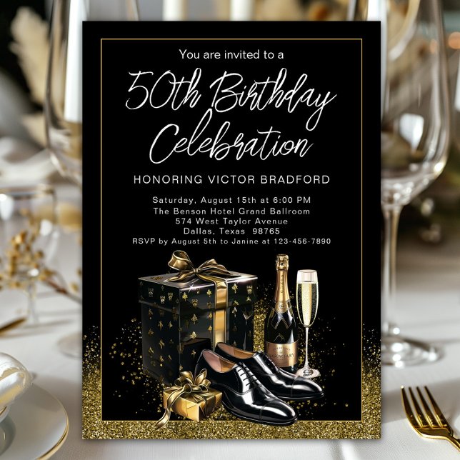 Invitación Hombres Oro Negro Sofisticado Cumpleaños de Alta E (Men's classy any number birthday and event invitation with black and gold festive theme. )