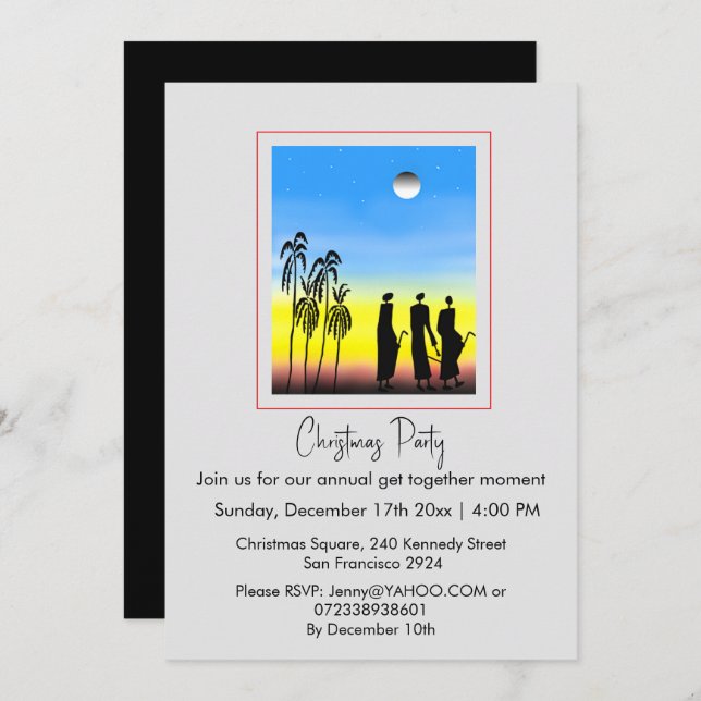 Invitación Hombres sabios de silueta, Navidades azules blanco (Anverso / Reverso)