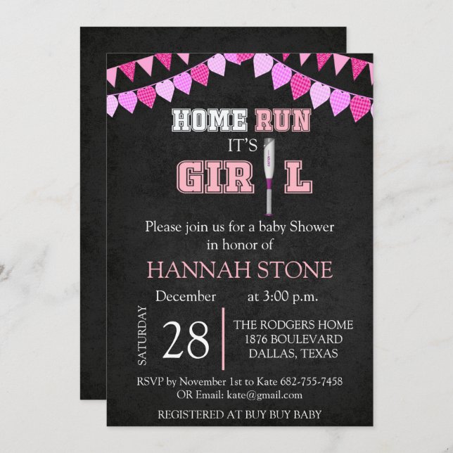 Invitación Home Run it is A Chica Baby Shower (Anverso / Reverso)