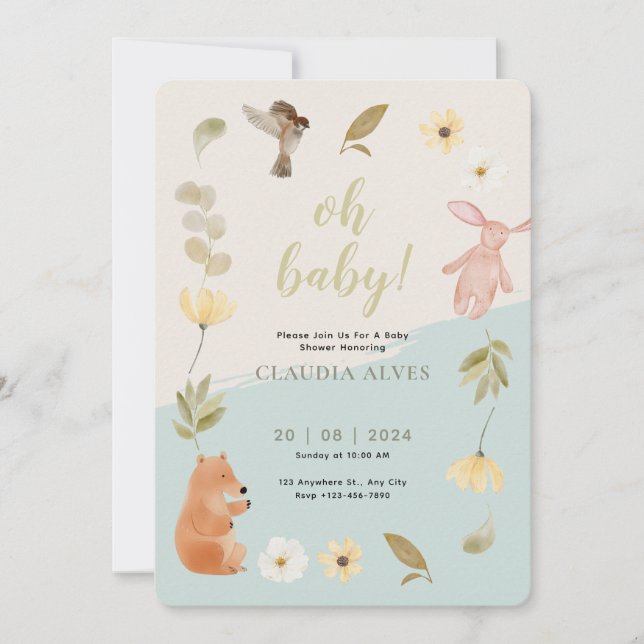 Invitación Homenaje de Baby Shower de color verde crema (Anverso)