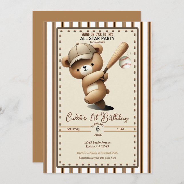 Invitación Homerun Hitter Stripe Baseball Bear Primer Cumplea (Anverso / Reverso)