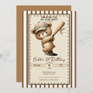 Invitación Homerun Hitter Stripe Baseball Bear Primer Cumplea