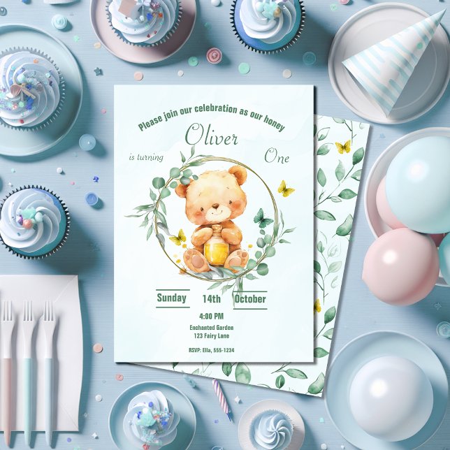 Invitación Honey Bear Cute Greenery Boy 1er cumpleaños (Subido por el creador)