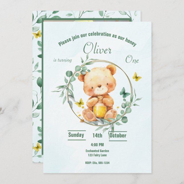 Invitación Honey Bear Cute Greenery Photo Boy Primer cumpleañ (Anverso / Reverso)