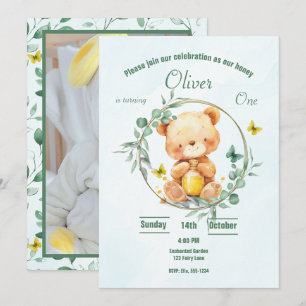 Invitación Honey Bear Cute Greenery Photo Boy Primer cumpleañ