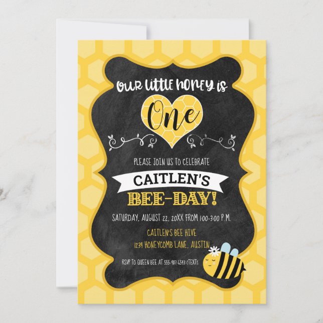 Invitación Honey Bee Day First Birthday Chalkboard Bumblebee (Anverso)