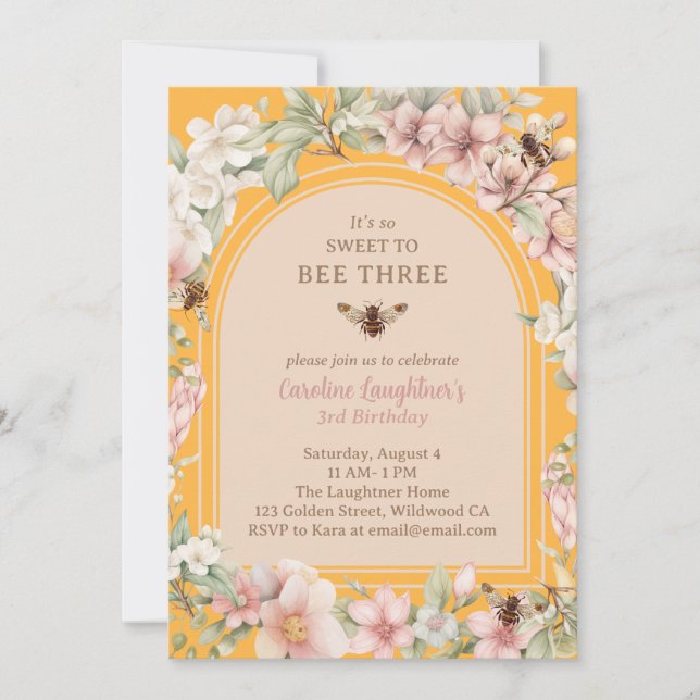 Invitación Honey Bee Enchanted Garden Tercer cumpleaños (Anverso)