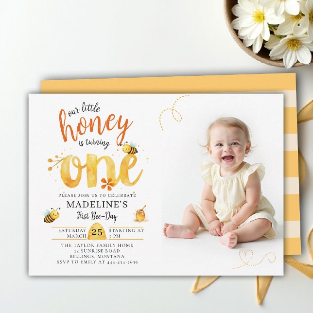 Invitación Honey Bee Heart Whimsical Cute Photo 1st Birthday (little honey bee one first birthday photo invitation wildflowers watercolor summer whimsical heart)