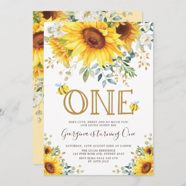 Invitación Honey Bee Sunflower 1er cumpleaños Floral de veran (Anverso / Reverso)
