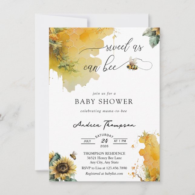 Invitación Honey Bee | Sunflower Bee Baby Shower (Anverso)