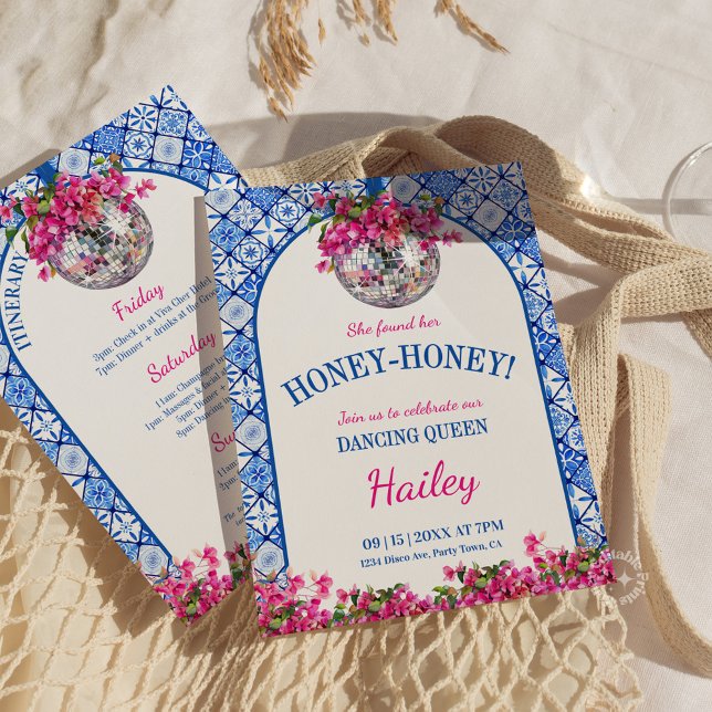 Invitación Honey Honey Dancing Queen Bachelorette Weekend  (dancing queen invite, mamma mia invitation, bachelorette weekend, mediterranean party, girls weekend)