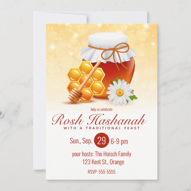 Invitación Honey Jar, Honeycomb, Daisy Rosh Hashanah (Anverso)