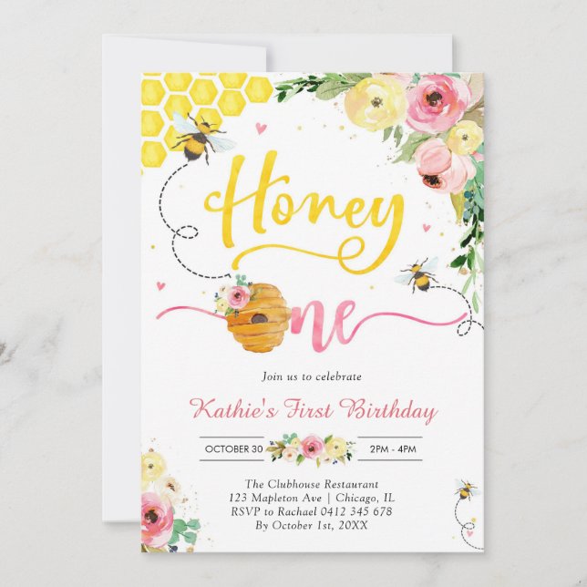 Invitación Honey One Honey Bee 1st Birthday Invitation (Anverso)