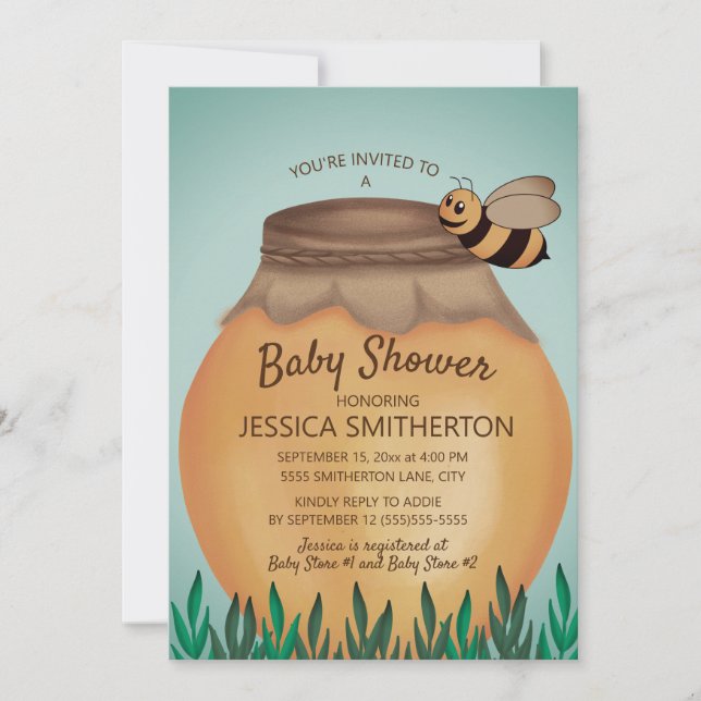 Invitación Honey Pot y Honeybee Baby Shower (Anverso)