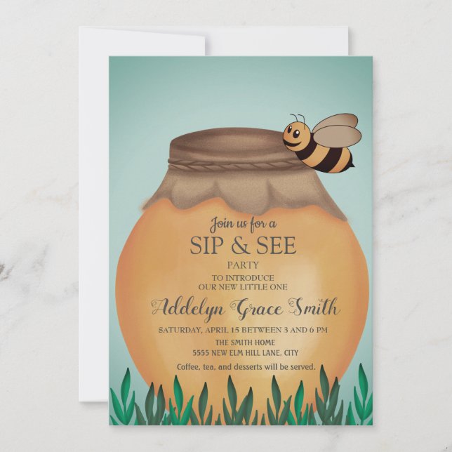 Invitación Honey Pot y Honeybee Sip Ven Fiesta de Bebé (Anverso)