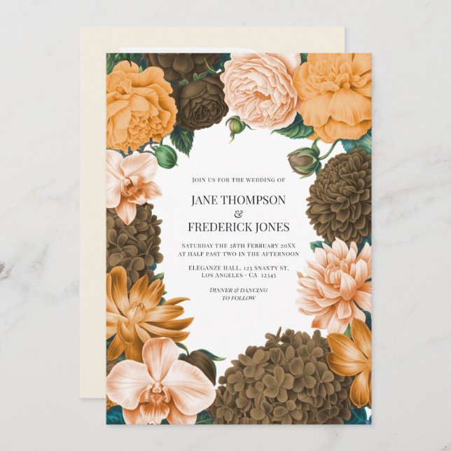 Invitación Honey Rose, Apricot Fleur & Toffee Bloom Wedding (Anverso / Reverso)