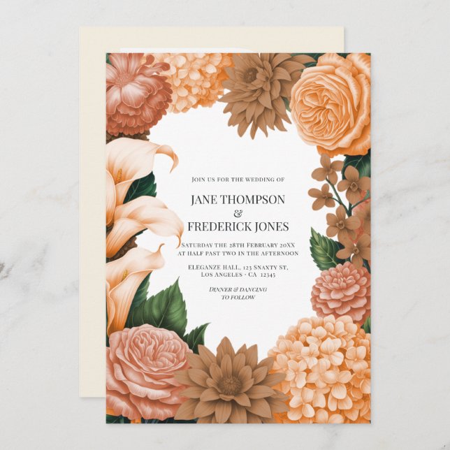 Invitación Honey Rose, Apricot Fleur & Toffee Bloom Wedding (Anverso / Reverso)