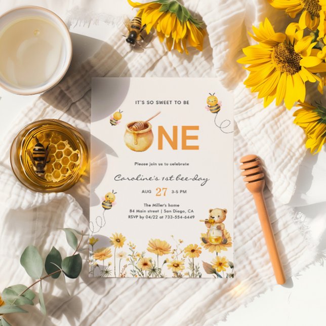 Invitación Honey Teddy Bear 1er Día de Abeja Cumpleaños Flora (Subido por el creador)