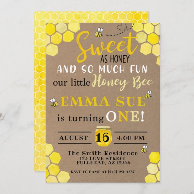 Invitación Honeycomb Bumble Bee Primer cumpleaños (Anverso / Reverso)