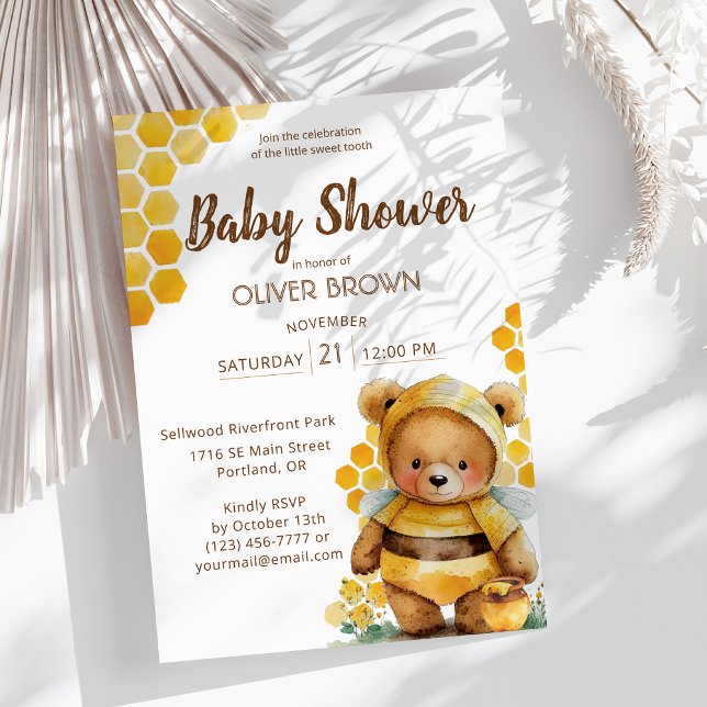 Invitación Honeycombs y Baby Shower de oso de peluche con mie (Subido por el creador)