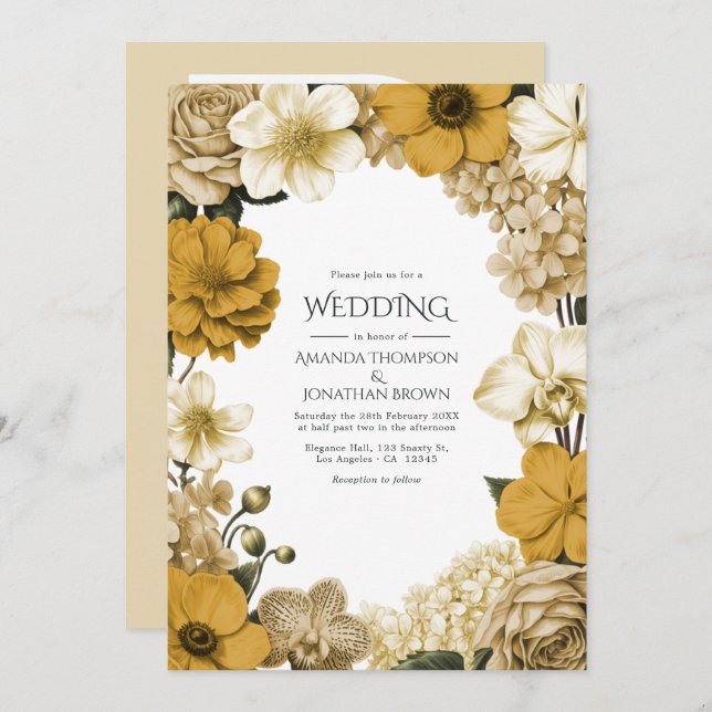 Invitación Honeydew Cream, Warm Oat & Dijon Bloom Wedding (Anverso / Reverso)
