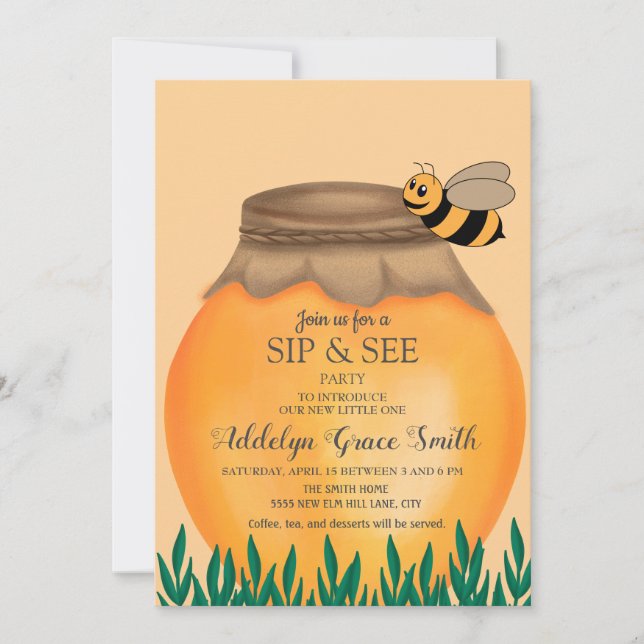 Invitación Honeypot y Bumblebee Sip Véase Baby Shower (Anverso)
