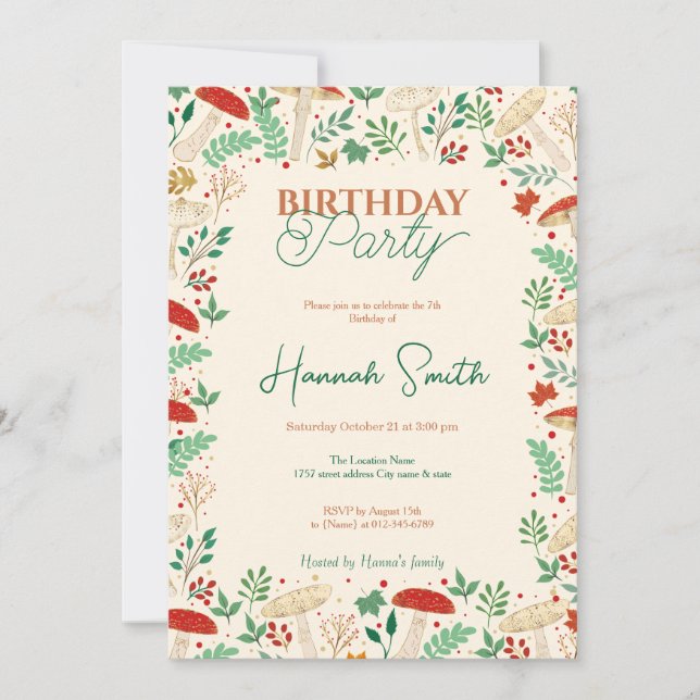 Invitación Hongos de otoño y Ilustracion de hojas (Anverso)