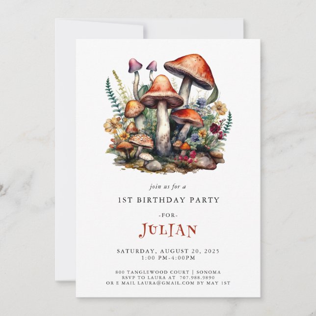 Invitación Hongos de Woodland Primer cumpleaños (Anverso)